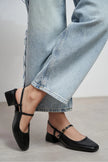 NATALIA Black Rustic Patterned Blunder Toe Belt Detail Women’s Ballet Flats