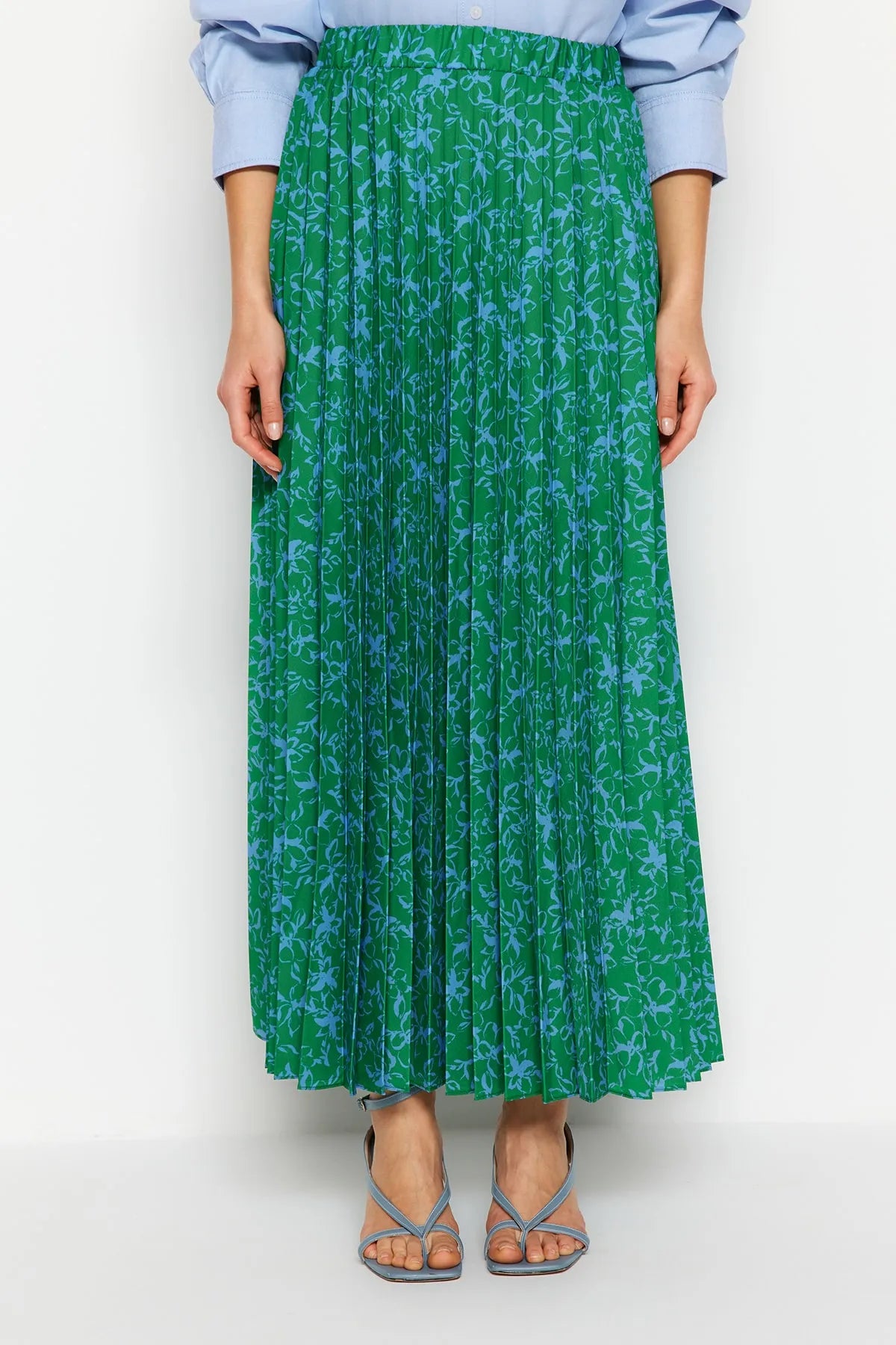 Green Floral Patterned Pleated Elastic Waist Woven Skirt