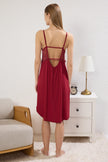 Burgundy 100% Cotton Lace Back and Slit Detailed Rope Strap Knitted Nightgown