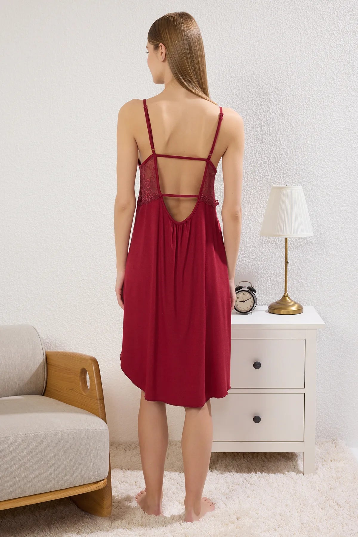 Burgundy 100% Cotton Lace Back and Slit Detailed Rope Strap Knitted Nightgown