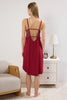 Burgundy 100% Cotton Lace Back and Slit Detailed Rope Strap Knitted Nightgown