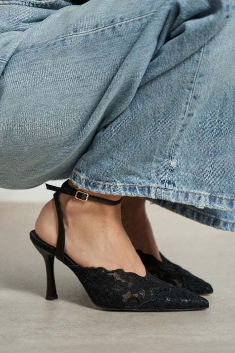 AVENY Black Lace Embroidered Back Strap Women’s Heel Shoes