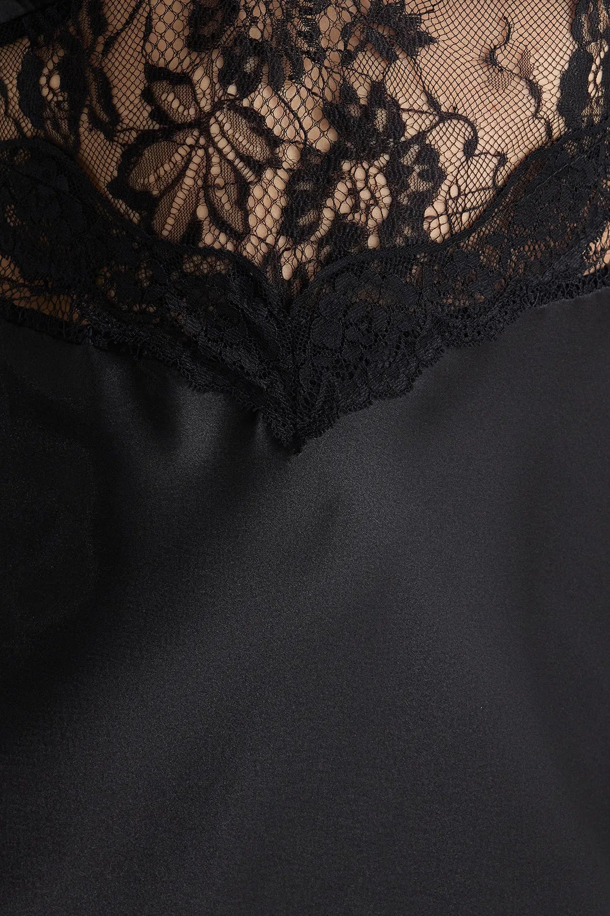 Black Lace and Back Tie Detailed Rope Strap Satin Woven Nightgown