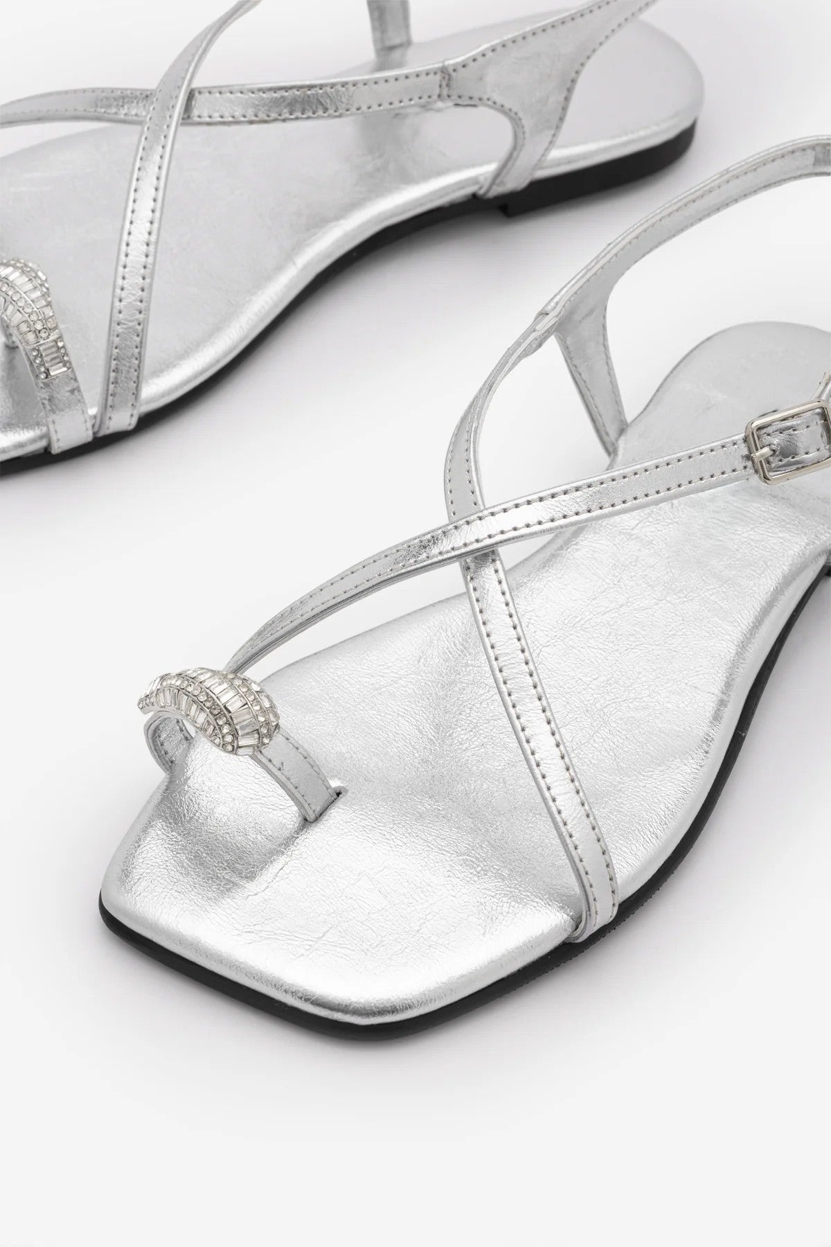 ZAREV Silver Embellished Toe-Post Women's Casual Flat Sandals