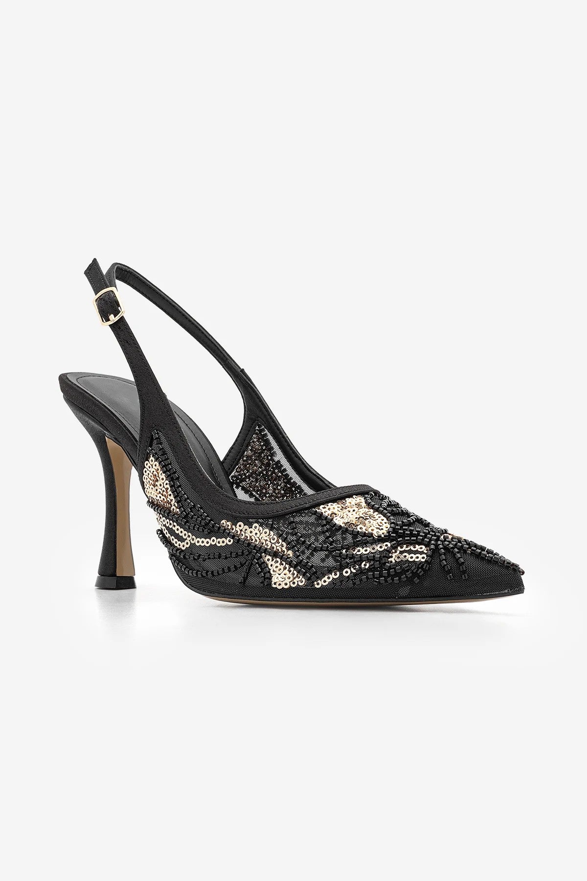 BODEGA Black Satin Beaded Mesh Embellished Women’s Evening Stiletto Heels