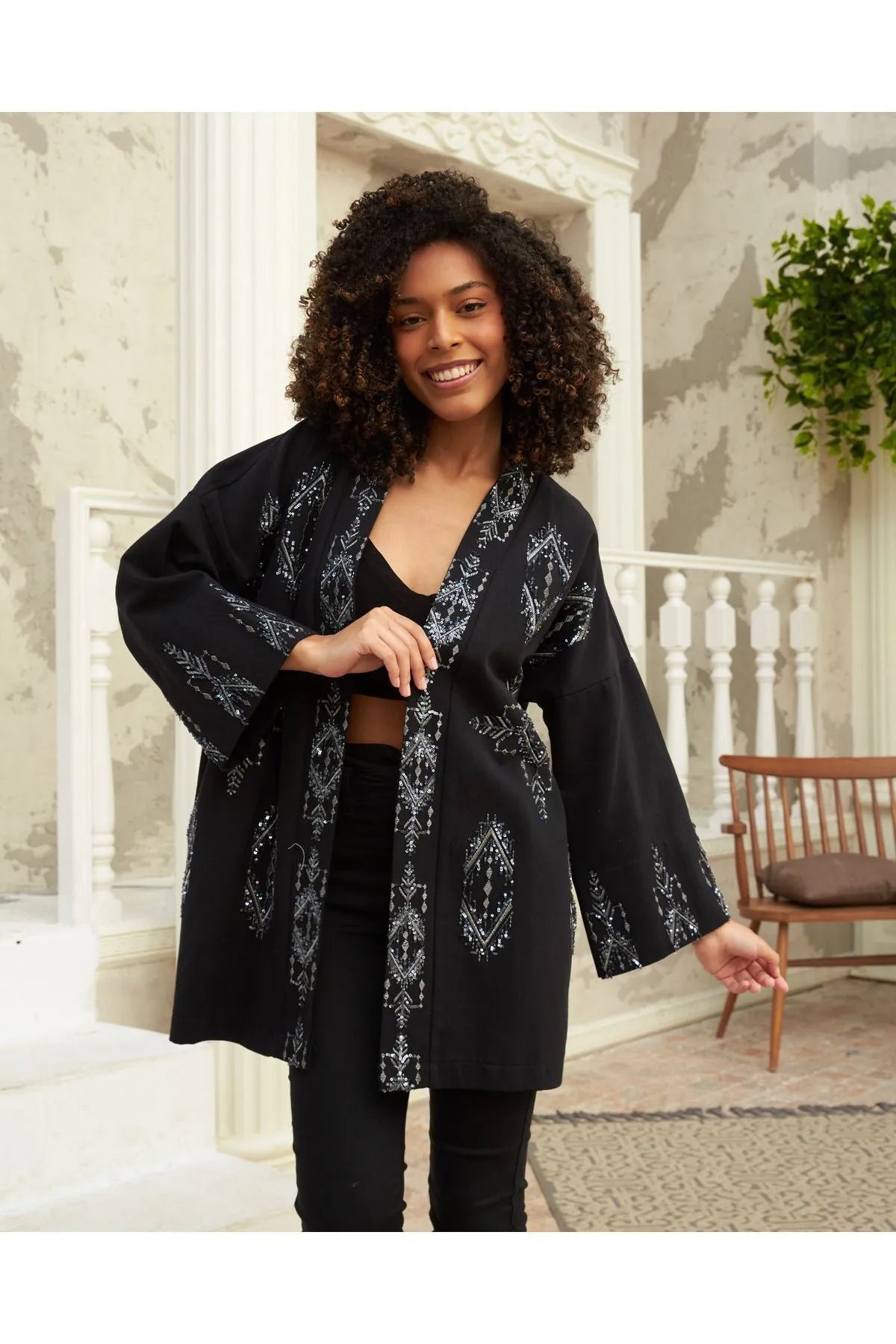 Front and Sleeves Pulpalet Embroidery Black Kimono