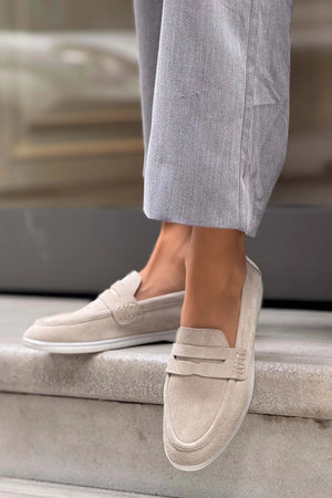 Aspire – Beige Genuine Suede Leather Flat Babet