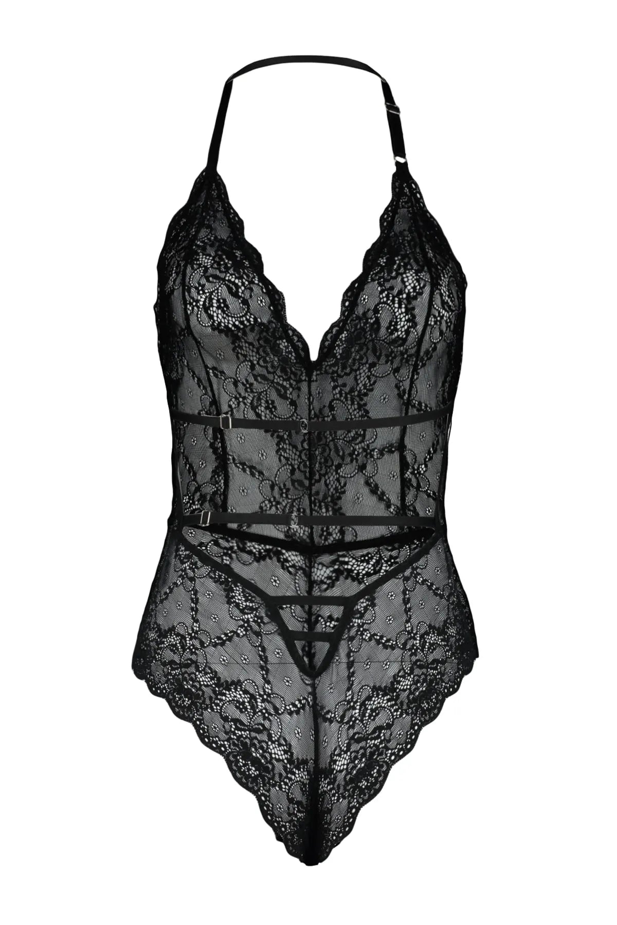 Black Lace Rope Strap Snap Knitted Bodysuit