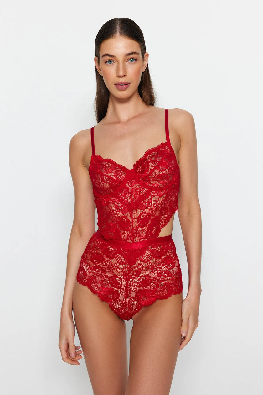 Dark Red Lace Window/Cut Out Detailed Rope Strap Snap Knitted Bodysuit