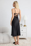 Black Lace and Back Tie Detailed Rope Strap Satin Woven Nightgown