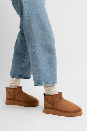 Mini – Tan Suede Fur-Lined Platform Ankle Boots