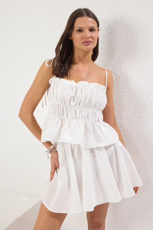 Woven Gathered Detailed Flame Cotton Strappy Blouse Skirt Beach Set