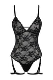 Black Lace Knit Bodysuit with Removable Garter Belt and Openwork/Eaves and Rope Straps and Snaps