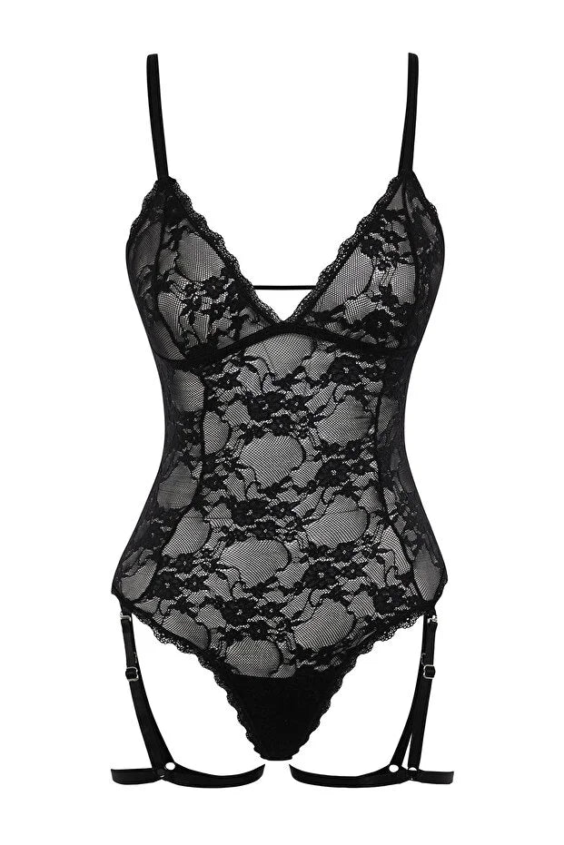 Black Lace Knit Bodysuit with Removable Garter Belt and Openwork/Eaves and Rope Straps and Snaps