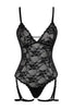 Black Lace Knit Bodysuit with Removable Garter Belt and Openwork/Eaves and Rope Straps and Snaps