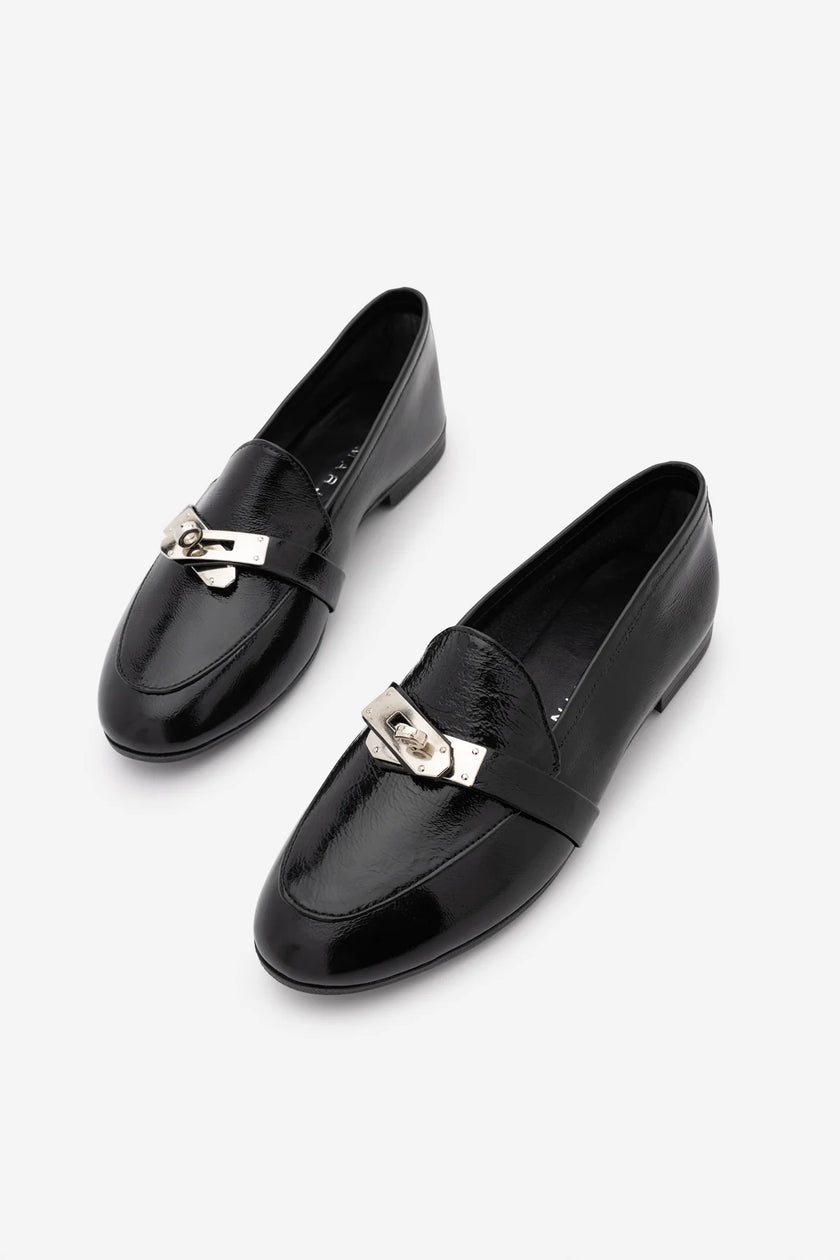 NADOR Black Patent Genuine Leather Buckle Women's Loafers