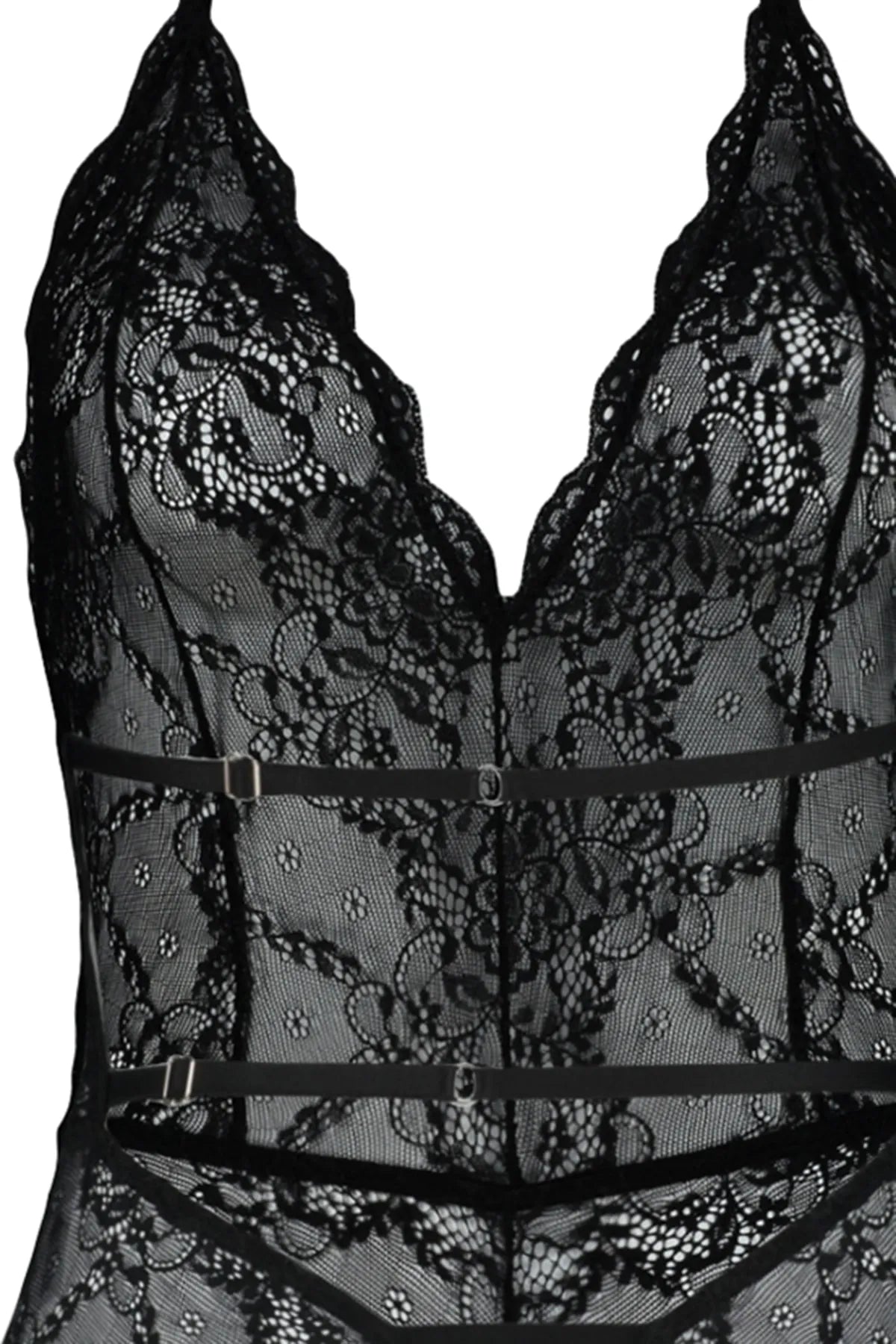 Black Lace Rope Strap Snap Knitted Bodysuit