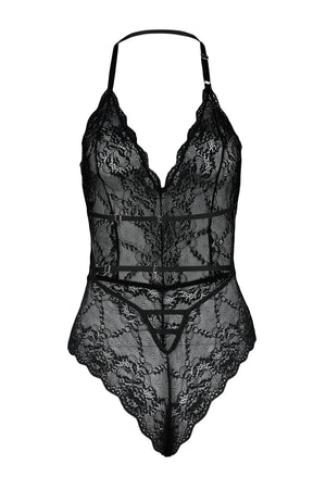 Black Lace Rope Strap Snap Knitted Bodysuit