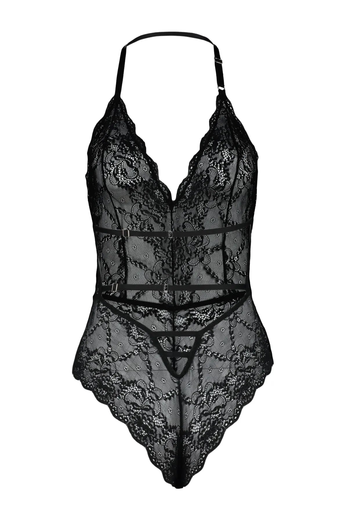 Black Lace Rope Strap Snap Knitted Bodysuit