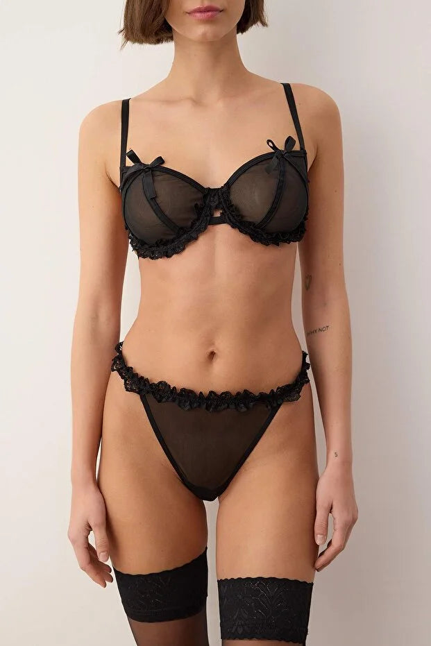 Black Mesh Bow Plain Unlined Lingerie Set