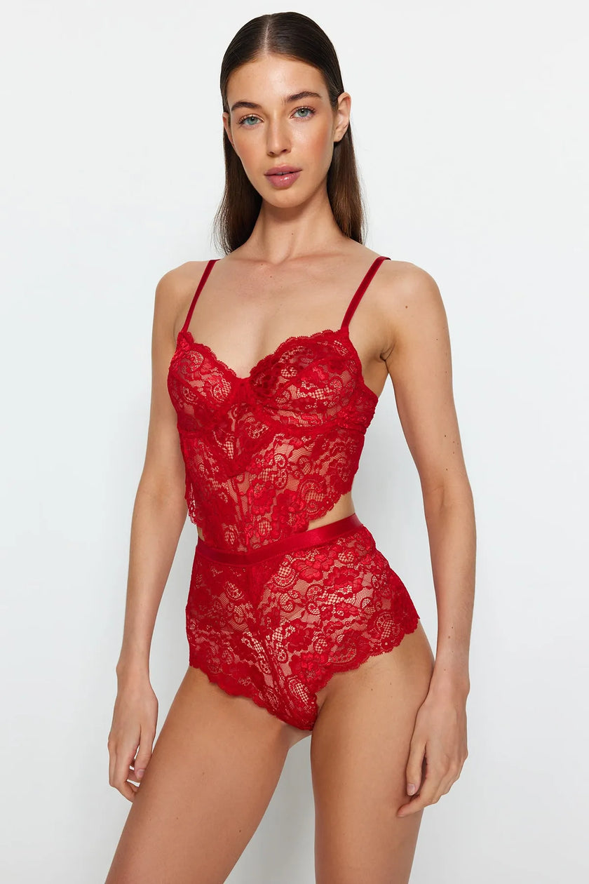Dark Red Lace Window/Cut Out Detailed Rope Strap Snap Knitted Bodysuit