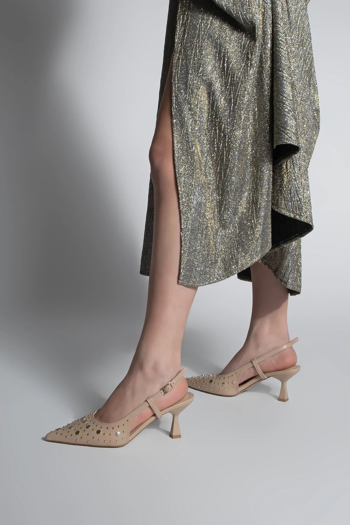 Rofen Beige Women’s Studded Stiletto High Heel Shoes