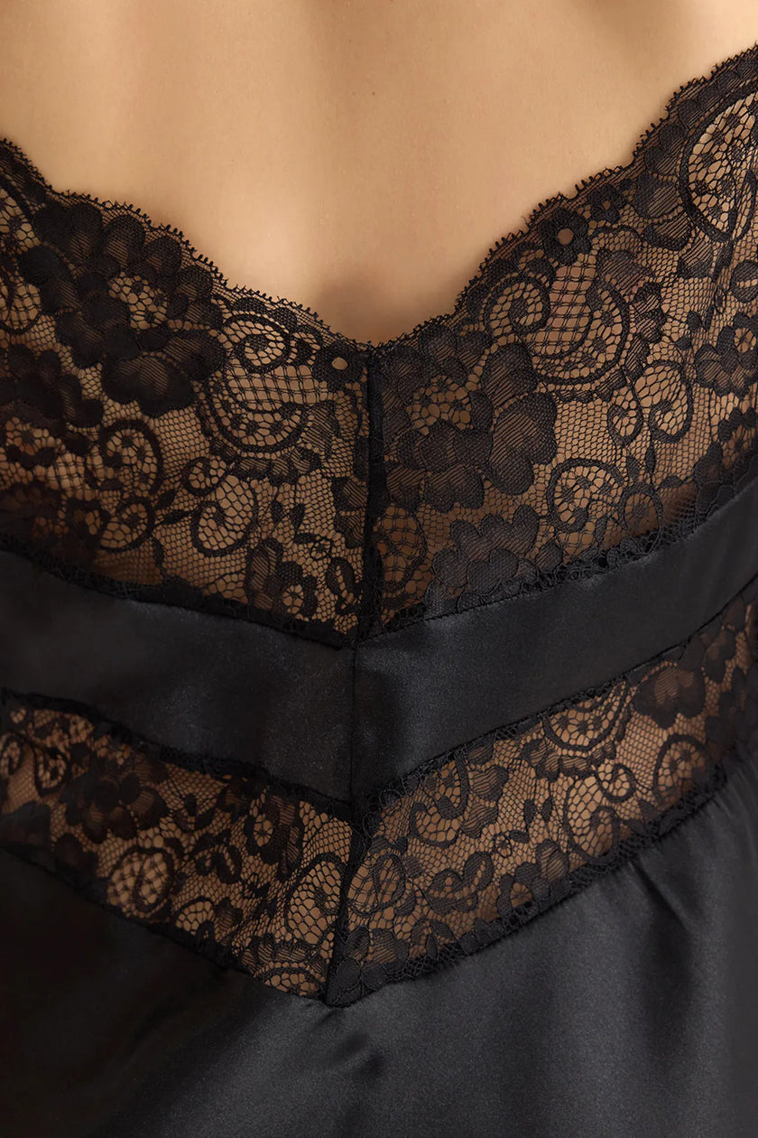 Black Lace Back Rope Strap Satin Woven Nightgown