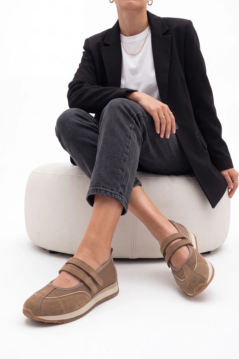 Hopato – Camel Suede Women’s Double-Strap Mary Jane Sneakers