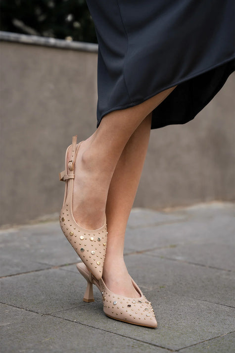 Rofen Beige Women’s Studded Stiletto High Heel Shoes