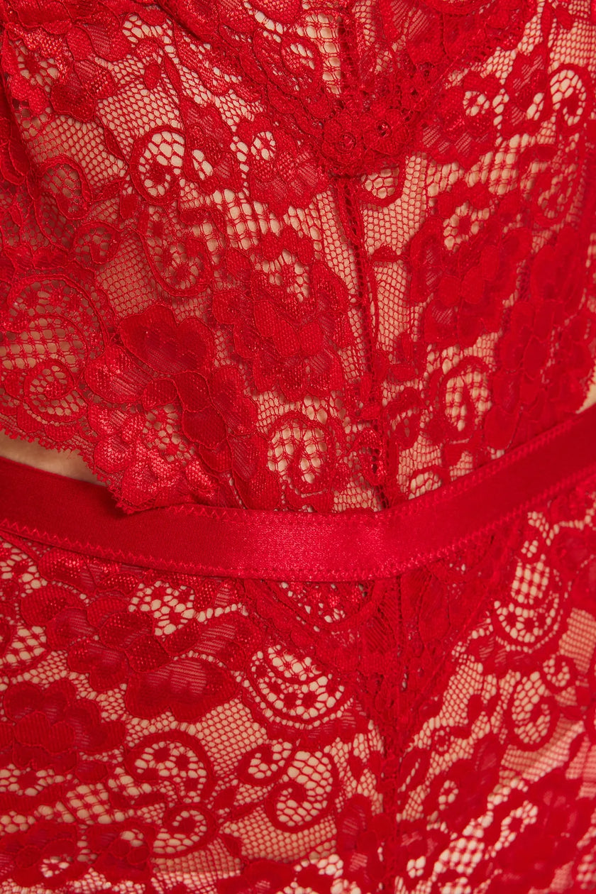 Dark Red Lace Window/Cut Out Detailed Rope Strap Snap Knitted Bodysuit