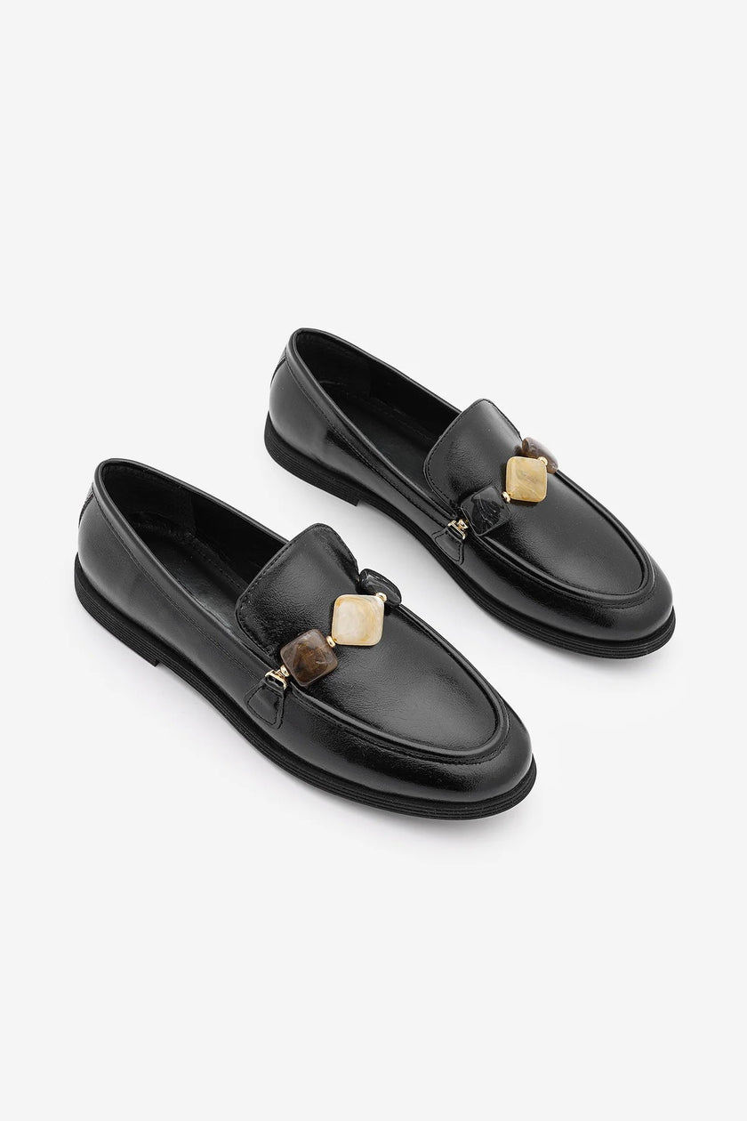 MENIVA Black Stone Detail Women’s Loafers