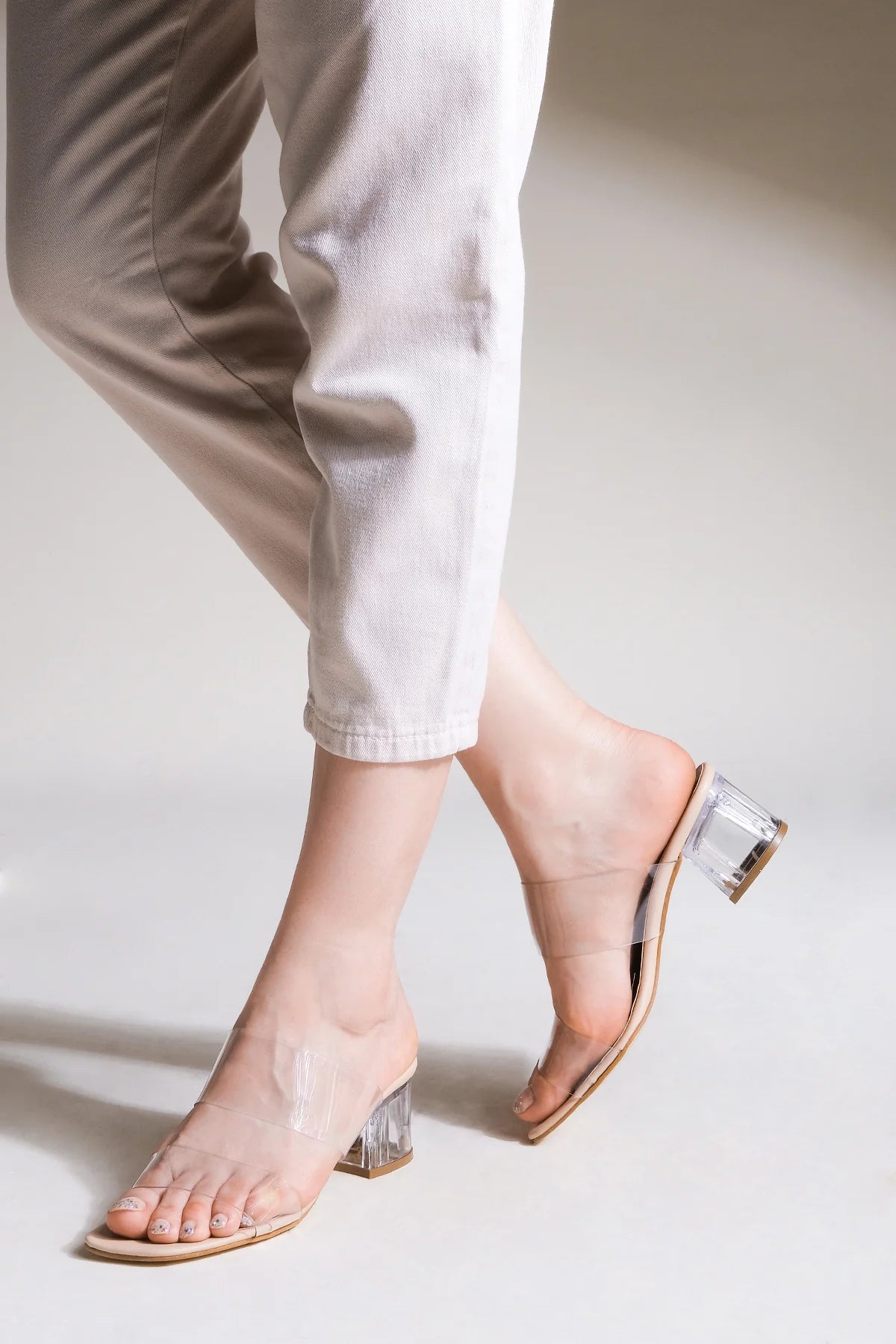 Women's Transparent Strappy Heeled Slippers Yesva - Beige