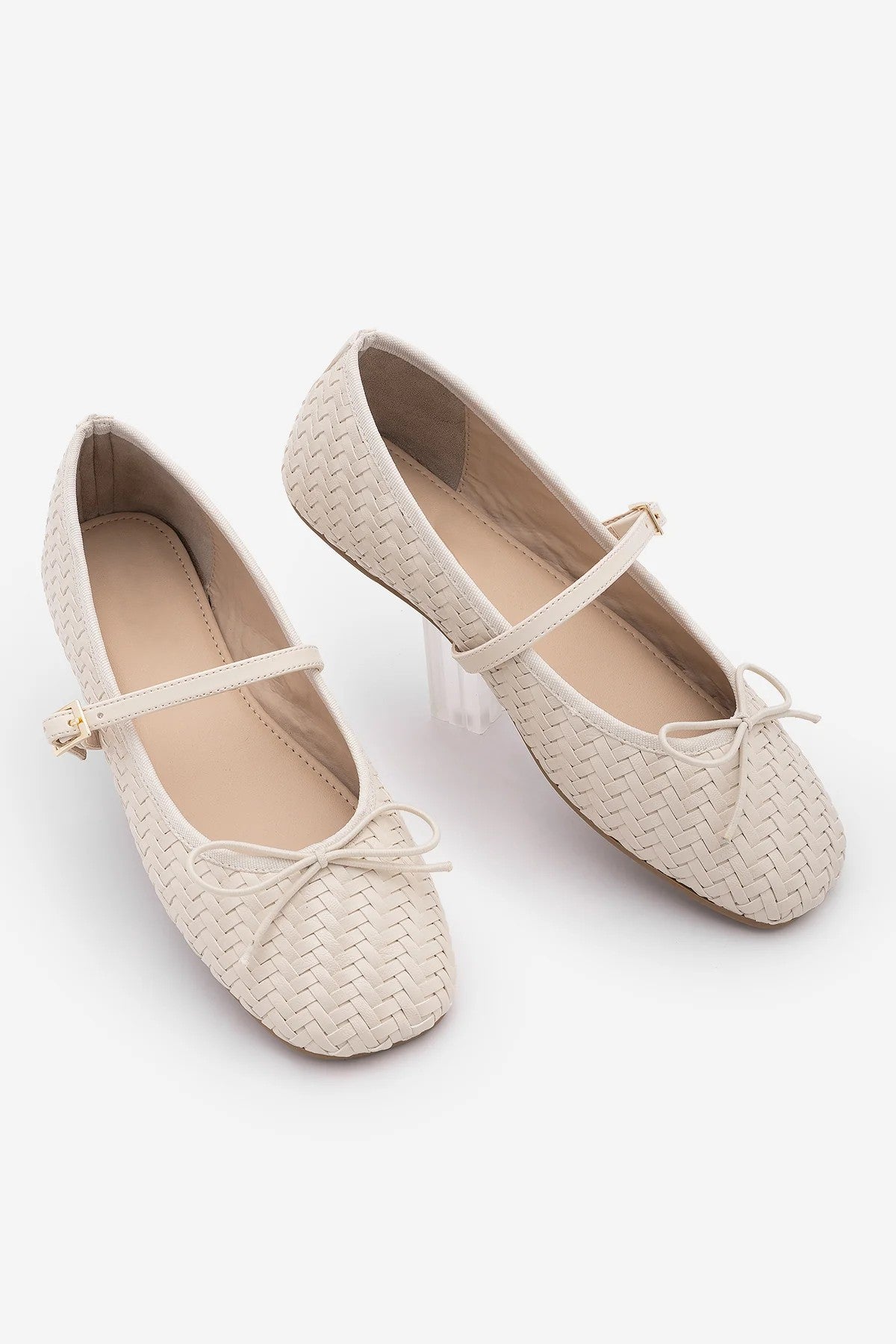 TEYRA Offwhite Mary Jane Bow Detail Woven Pattern Square Toe Women’s Ballet Flats