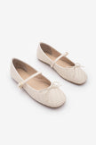 TEYRA Offwhite Mary Jane Bow Detail Woven Pattern Square Toe Women’s Ballet Flats