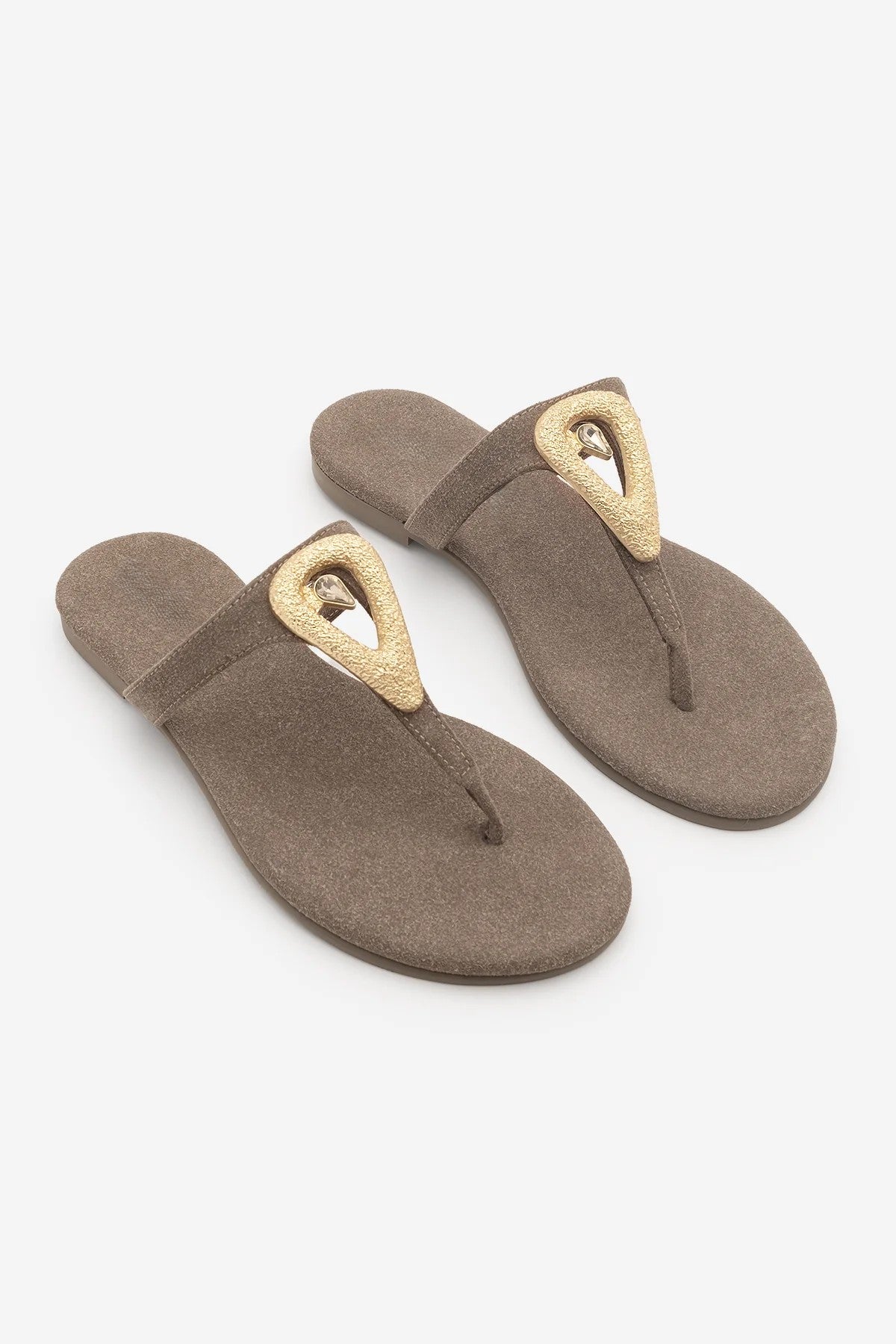 ROLIN Mink Suede Gold Buckle Stone Detail Women’s Flip Flop Sandals