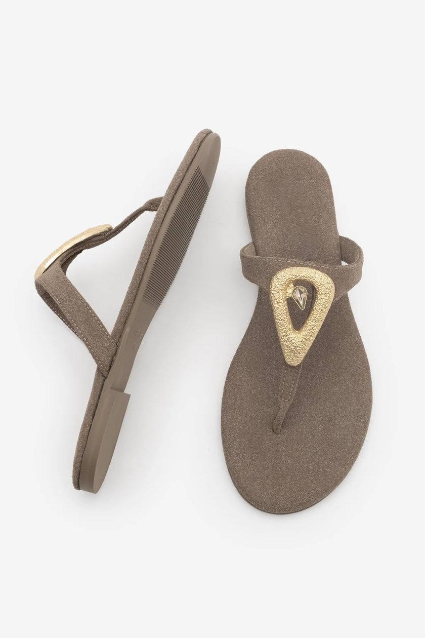 ROLIN Mink Suede Gold Buckle Stone Detail Women’s Flip Flop Sandals