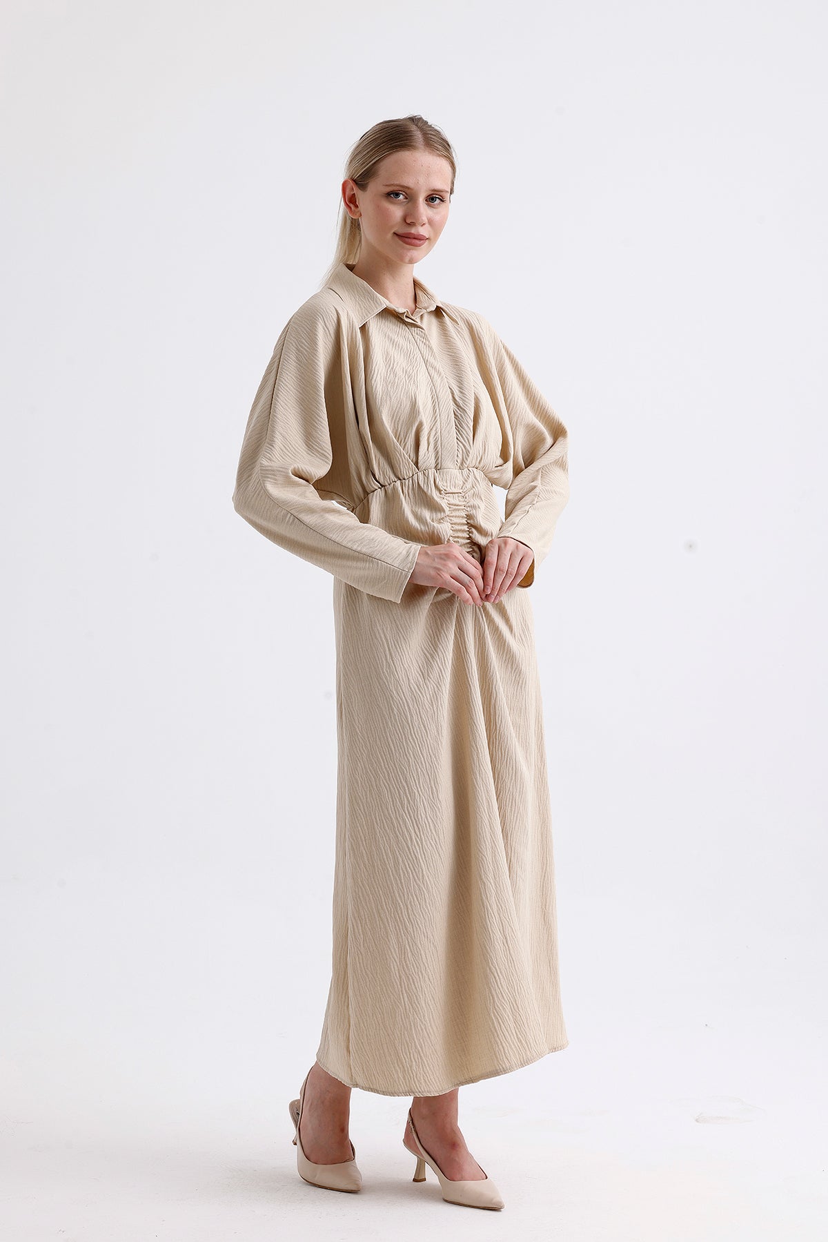 Elastic Waist Long Dress Beige