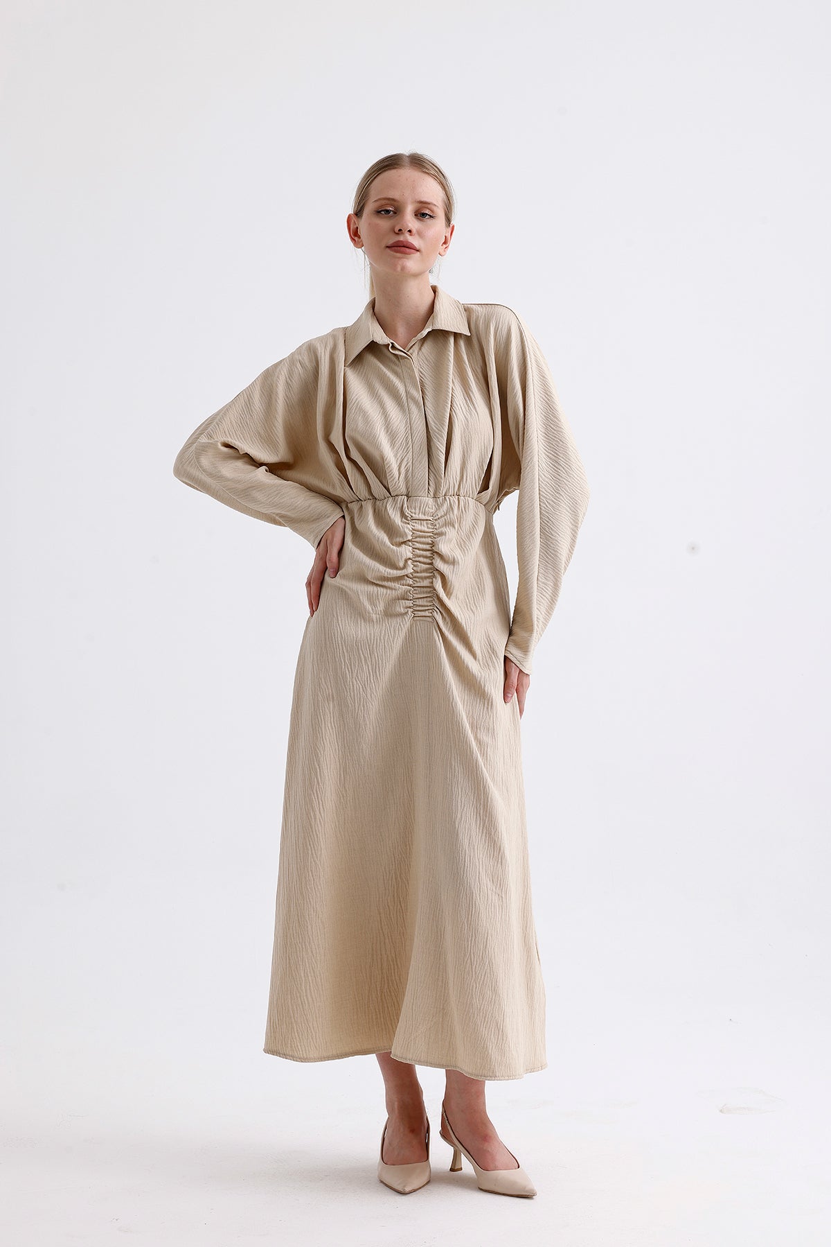 Elastic Waist Long Dress Beige