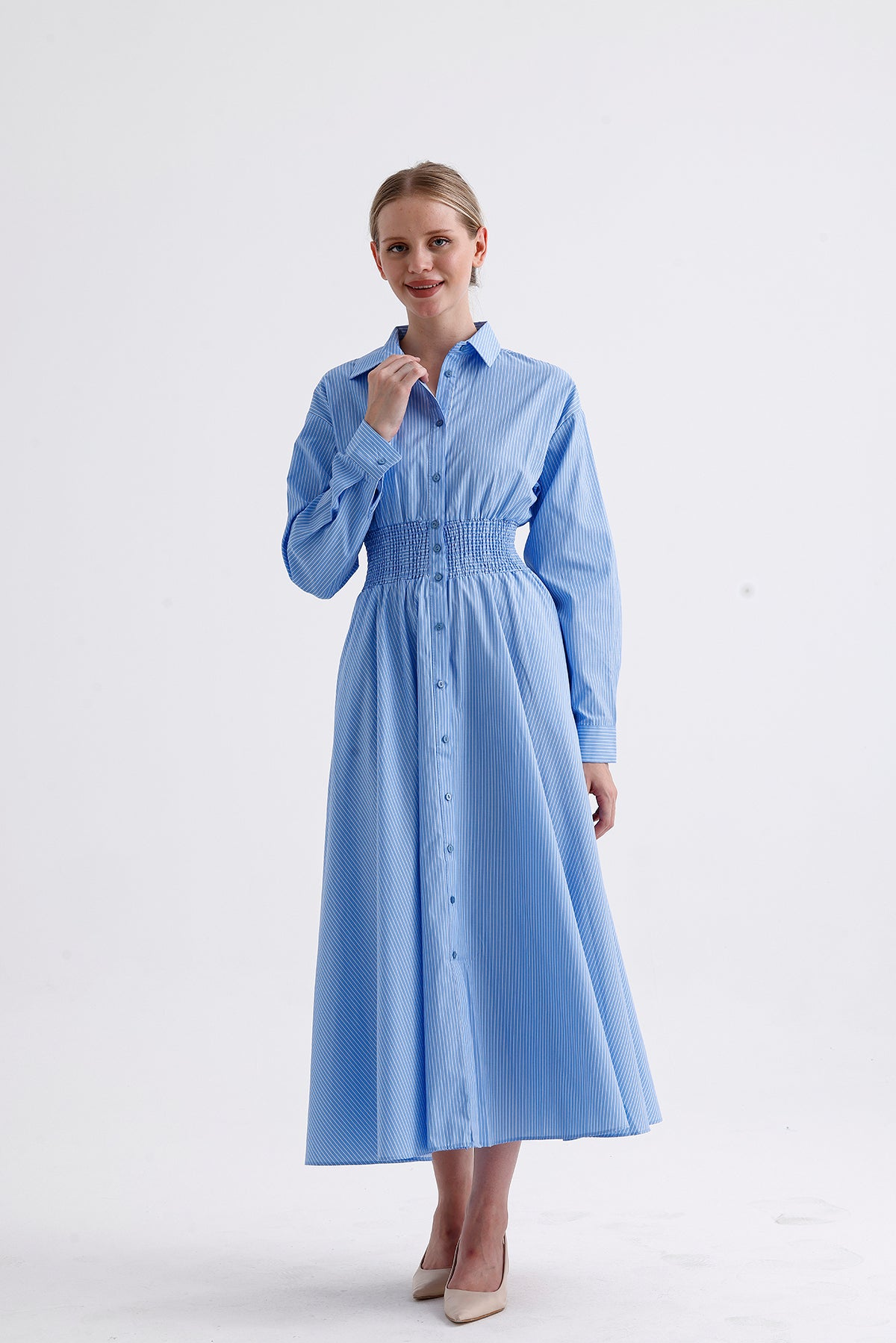 Shirt Collar Long Striped Dress Blue