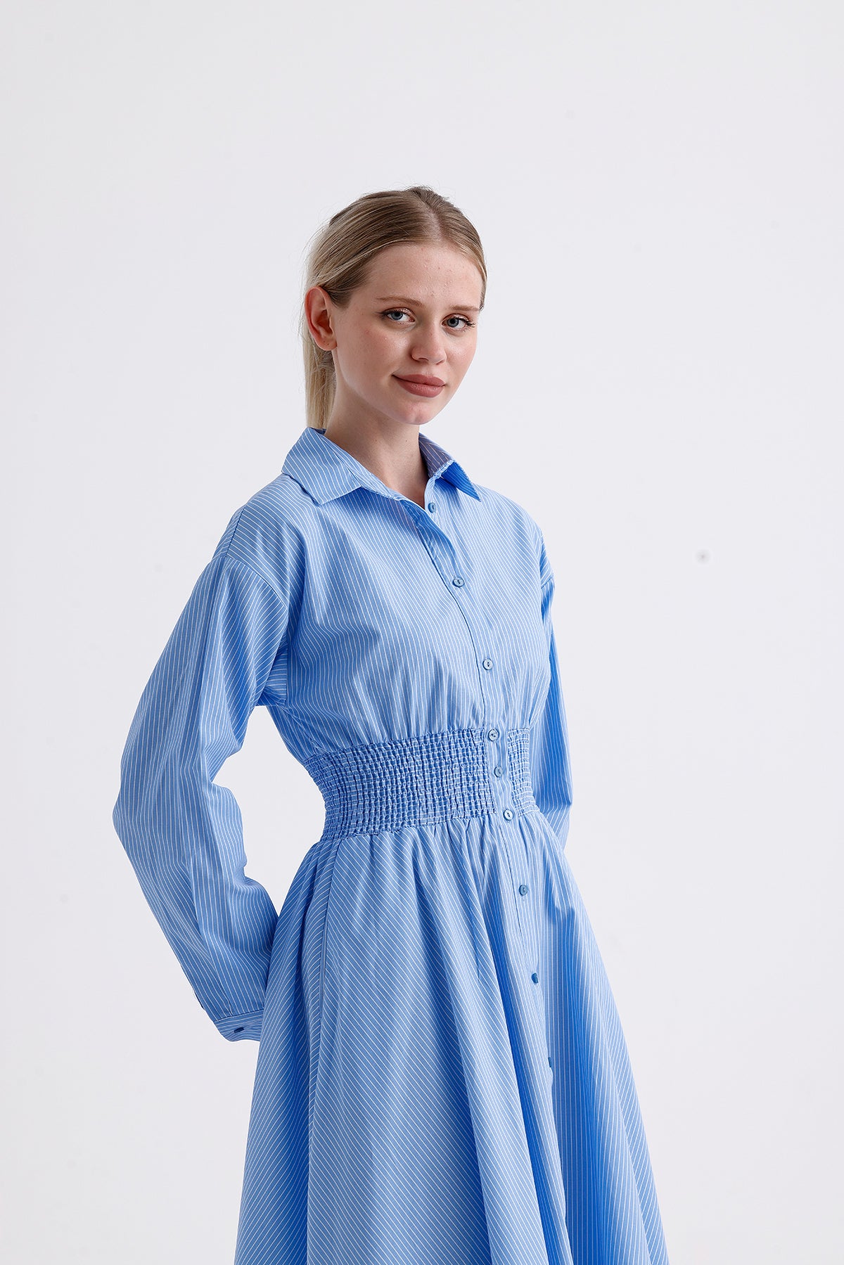 Shirt Collar Long Striped Dress Blue