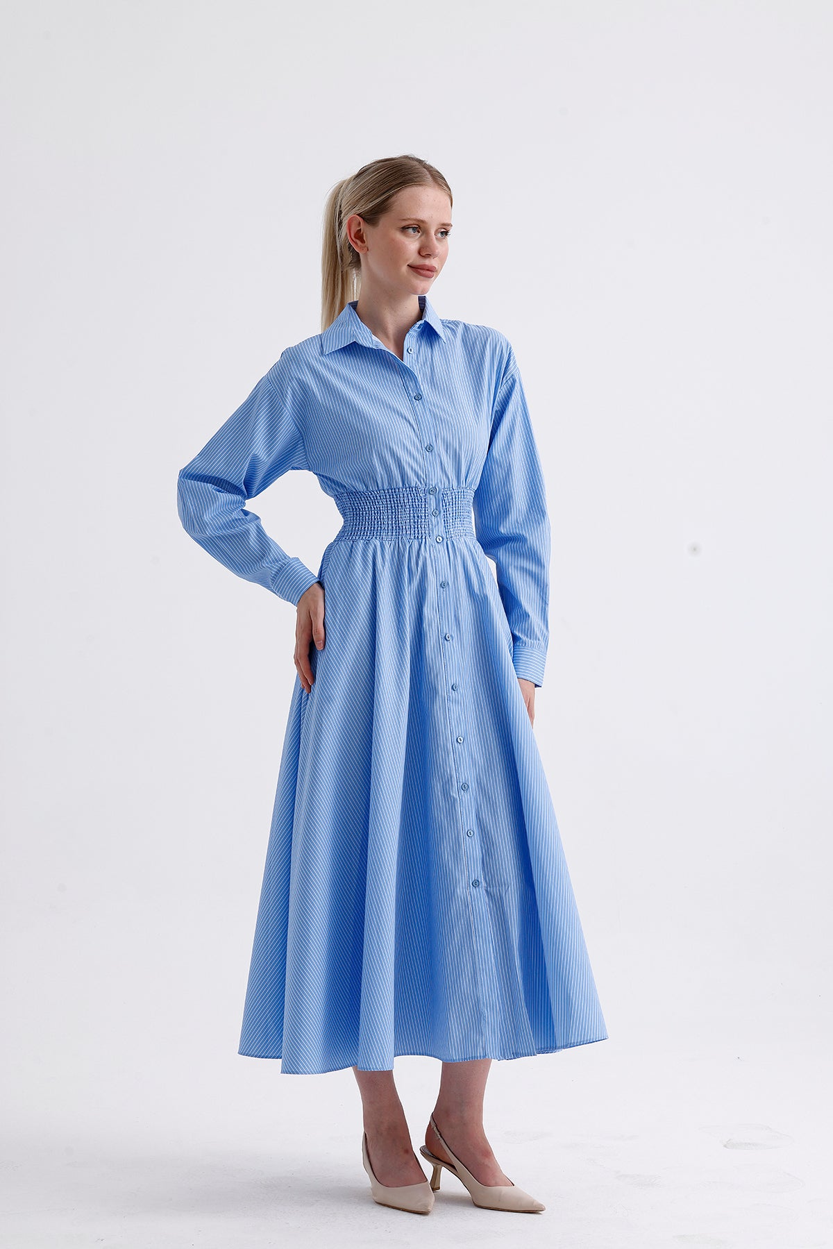 Shirt Collar Long Striped Dress Blue