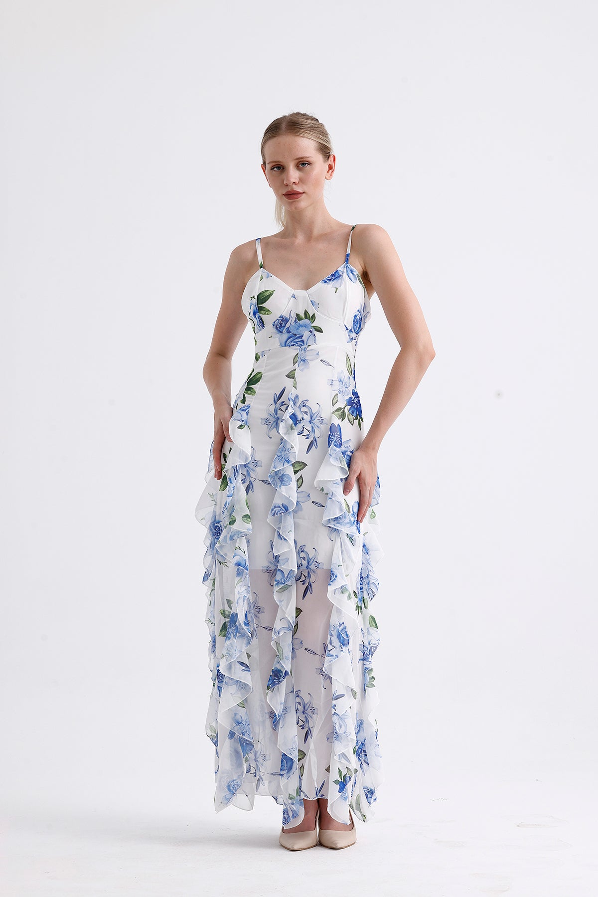 Ruffle Detailed Strappy Maxi Dress Blue