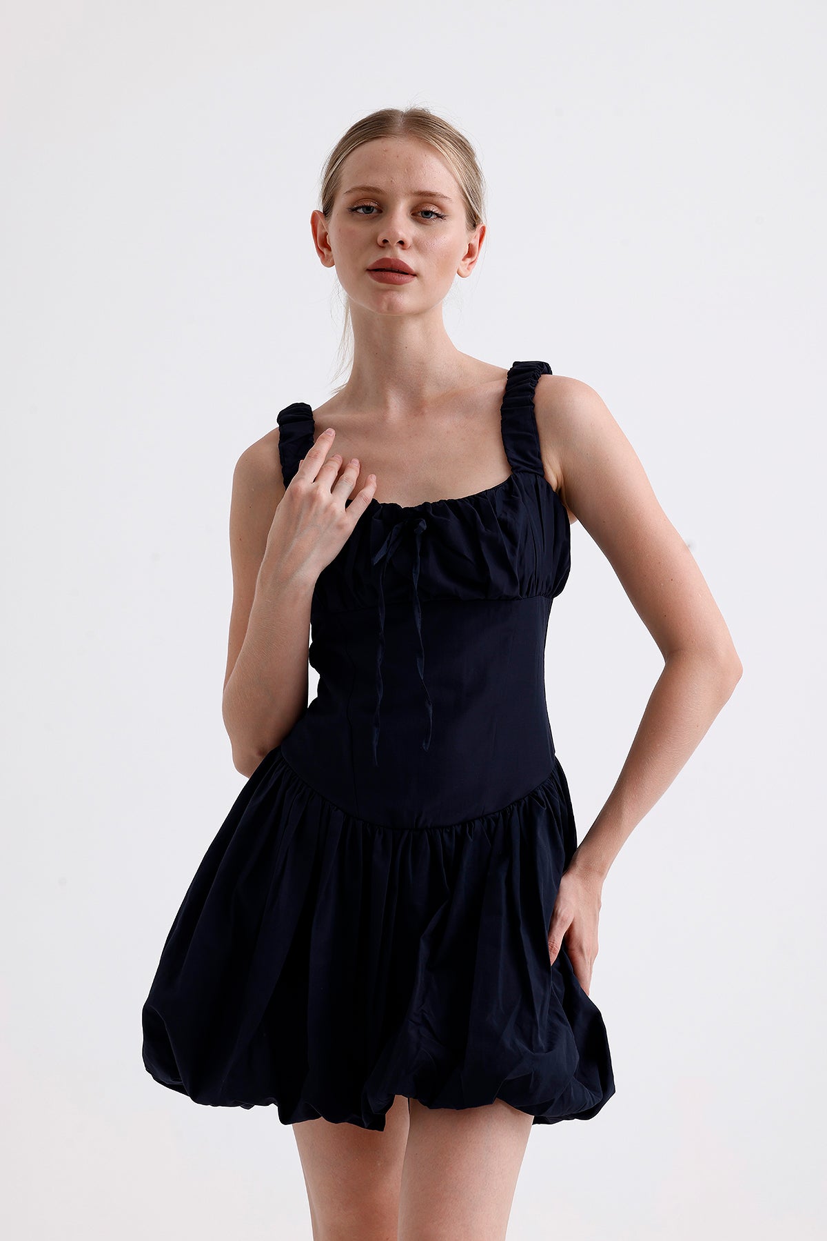 Poplin Square Neck Mini Balloon Dress Navy Blue