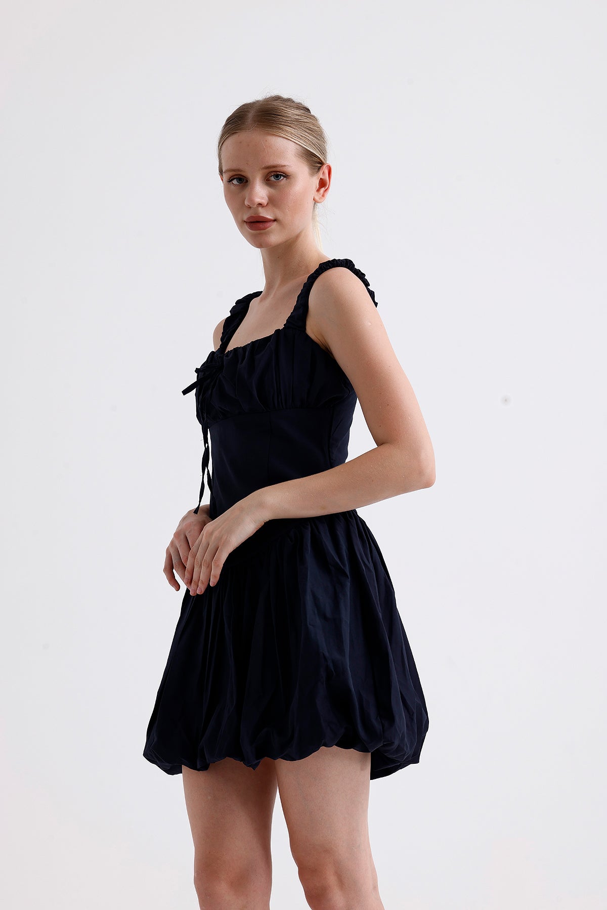 Poplin Square Neck Mini Balloon Dress Navy Blue