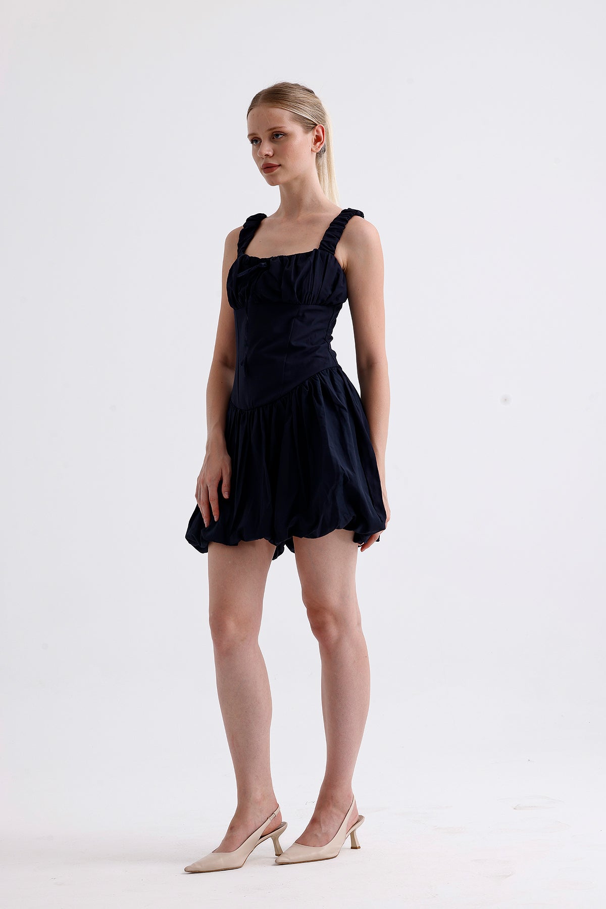 Poplin Square Neck Mini Balloon Dress Navy Blue