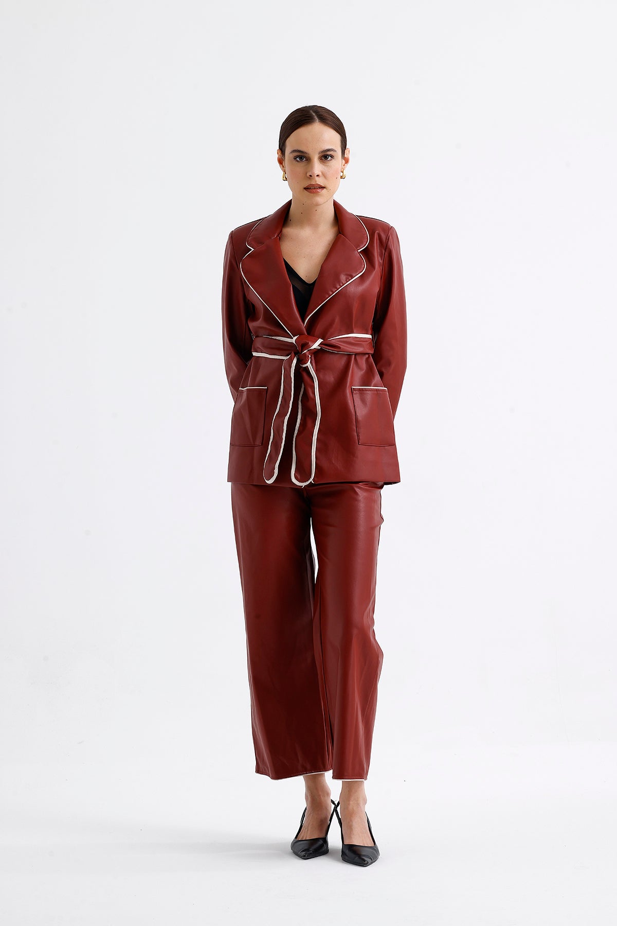 Leather Piping Detail Suit Bordo