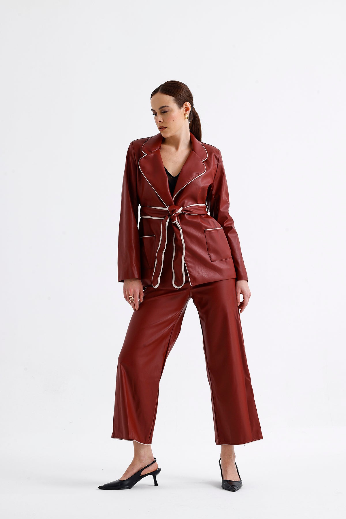 Leather Piping Detail Suit Bordo