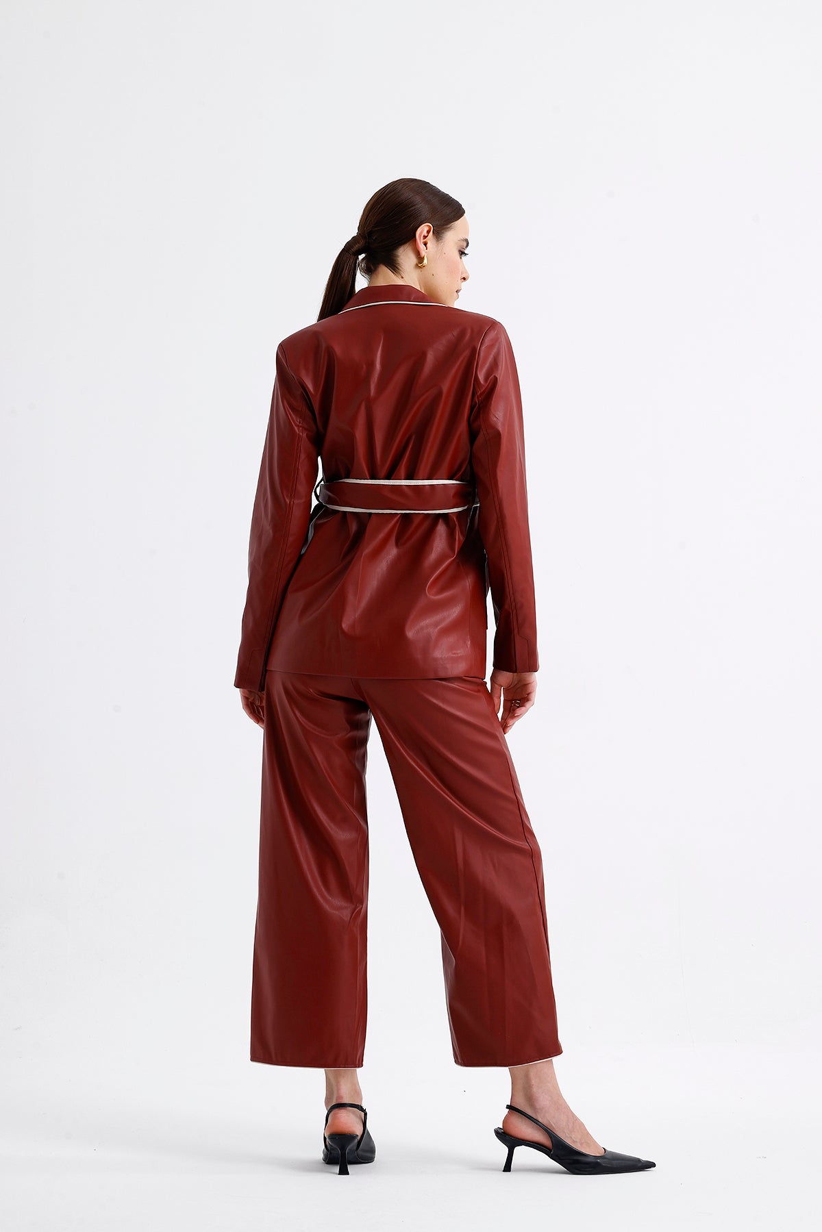 Leather Piping Detail Suit Bordo
