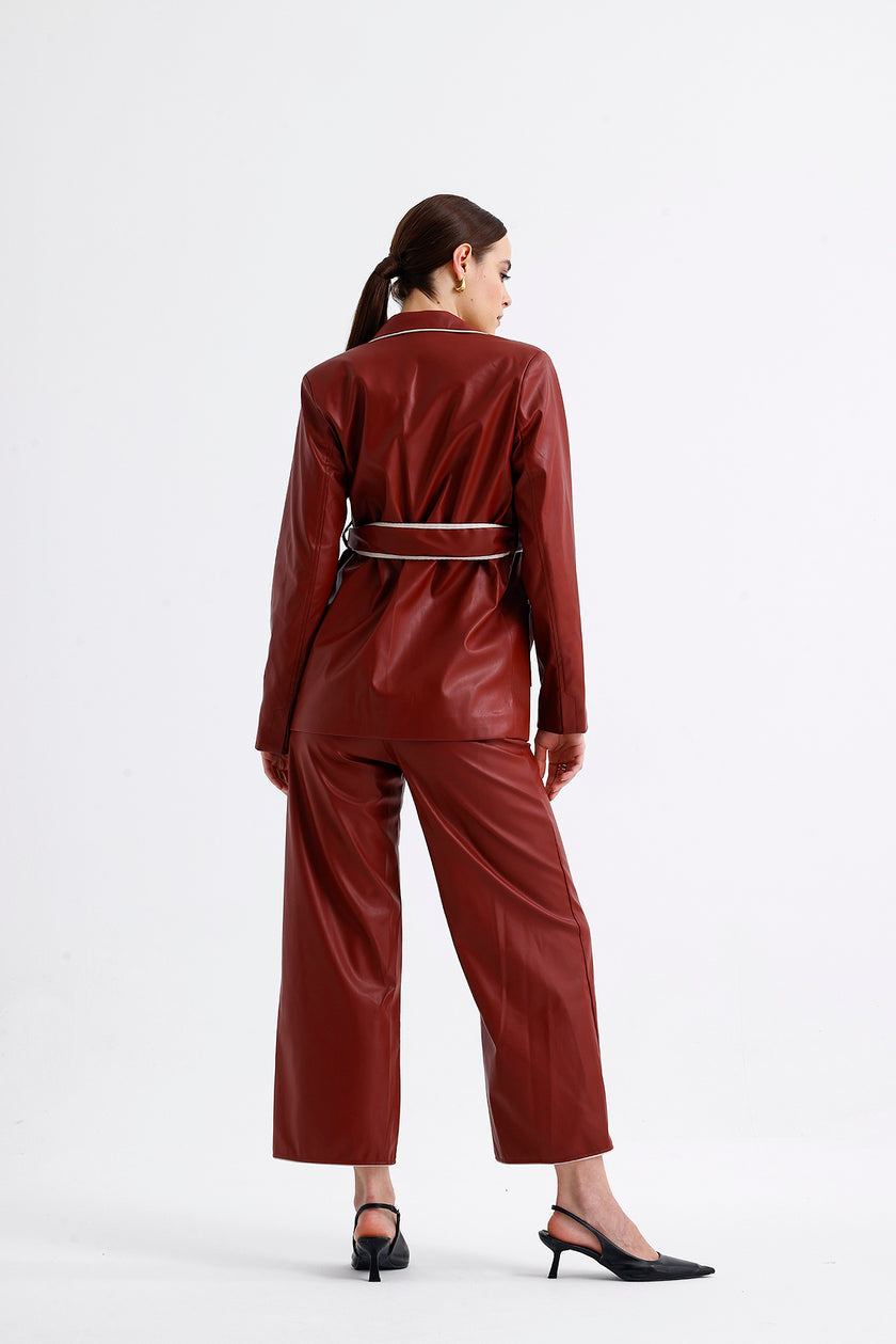 Leather Piping Detail Suit Bordo