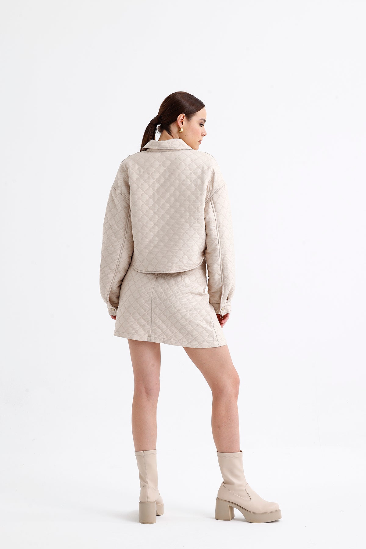 Quilted Crop Skirt Set Beige